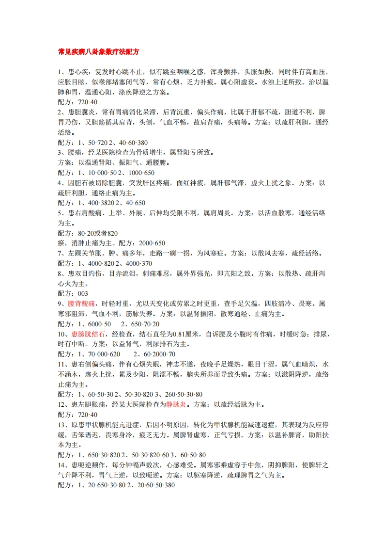 常见疾病八卦象数疗法配方